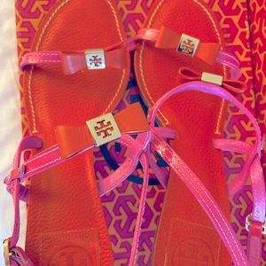 Tory Burch fire orange and flamingo pink sandals size 9.5! With box